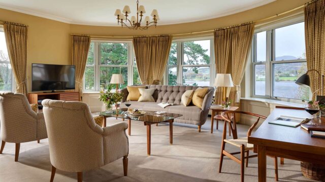 Large lounge area in the Signature Suite at Sheen Falls Lodge