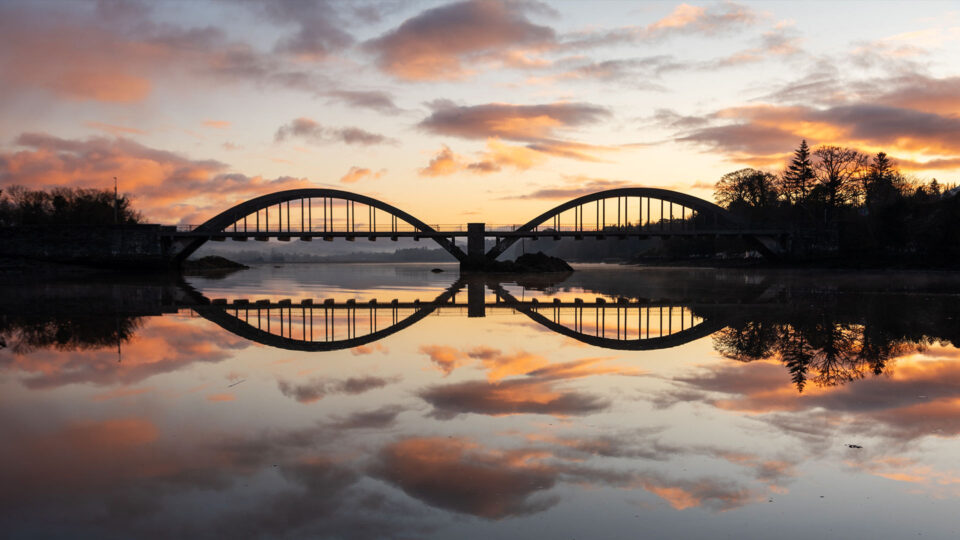 Pink and blue sunset sky above the bridge in Kenmare, County Kerry