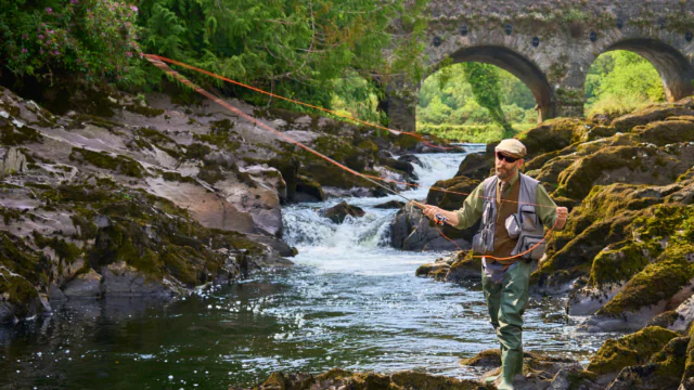 A guest fly-fishing in a scenic river beside an ancient stone bridge, surrounded by lush greenery and tranquil waters.