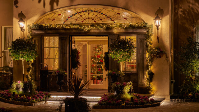 Sheen Falls Lodge front door decorated for Christmas