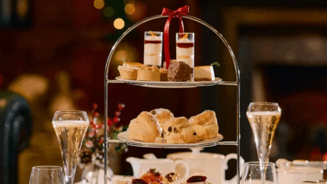 Festive Afternoon Tea display with Chaampagne