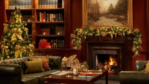 Cosy hotel lounge with a roaring fireplace, Christmas tree, elegant decor, and plush seating, offering festive comfort.