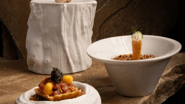 Three artfully plated gourmet appetizers are displayed in white ceramic dishes on a rustic stone surface, including a waffle with toppings, a cone, and a dish with a mushroom garnish.