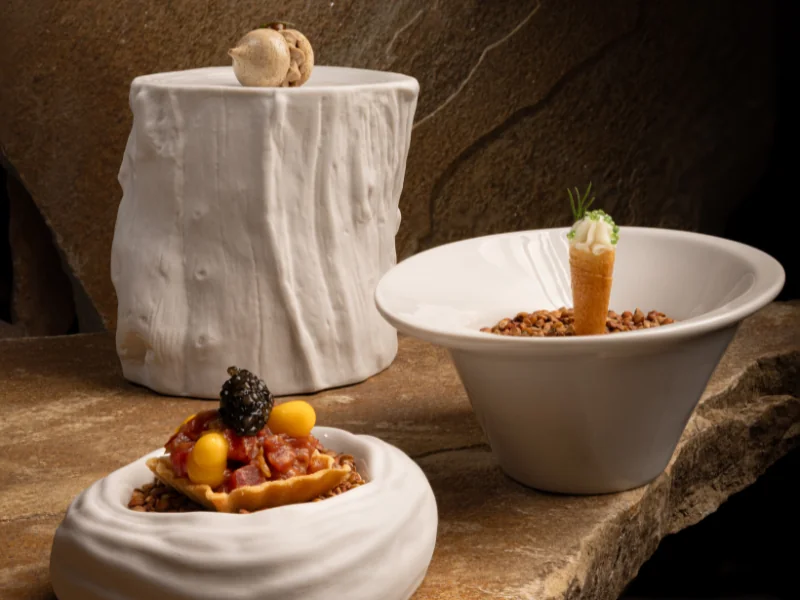 Three artfully plated gourmet appetizers are displayed in white ceramic dishes on a rustic stone surface, including a waffle with toppings, a cone, and a dish with a mushroom garnish.