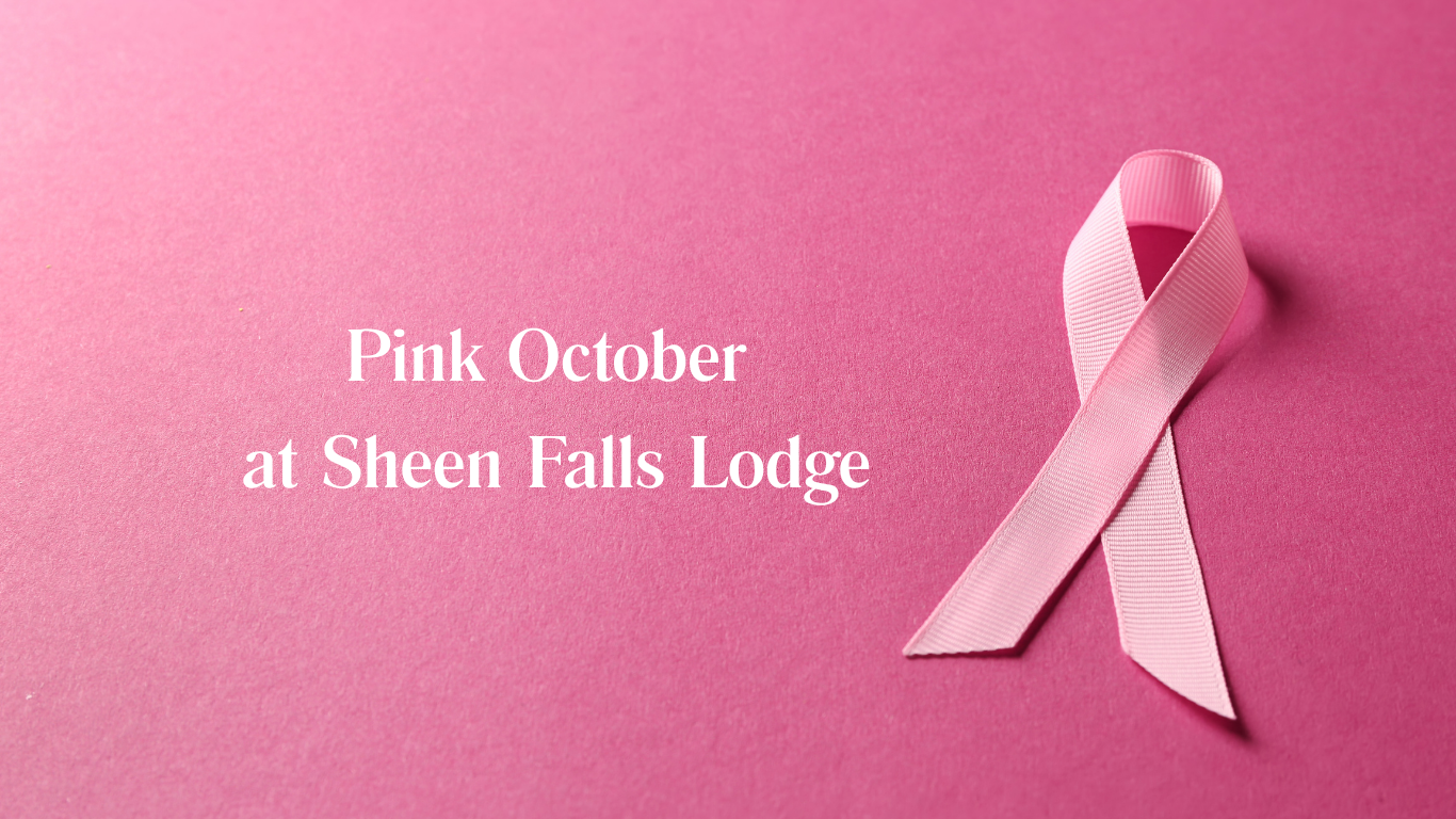 A pink ribbon lies on a pink background next to the text 