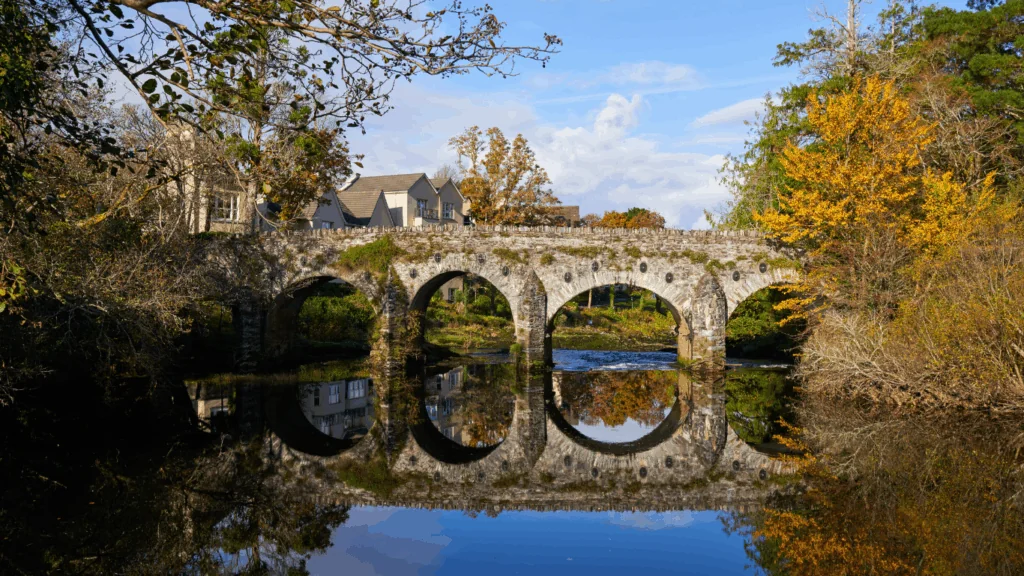 Sheen Falls Lodge A stone arch bridge crosses a calm river, reflecting the bridge and nearby houses; trees with autumn foliage surround the scene.