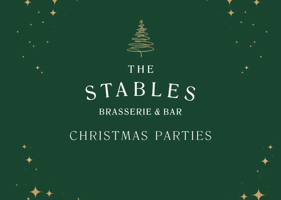 Green graphic with gold stars, a stylized gold Christmas tree, and white text reading 