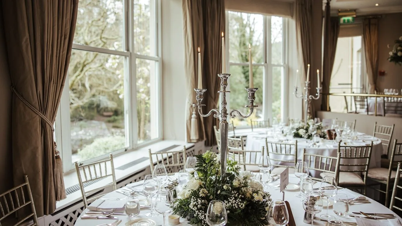 Elegant dining table set for an event with floral centerpiece, tall candelabra, glassware, and place settings near large windows with outdoor garden view.