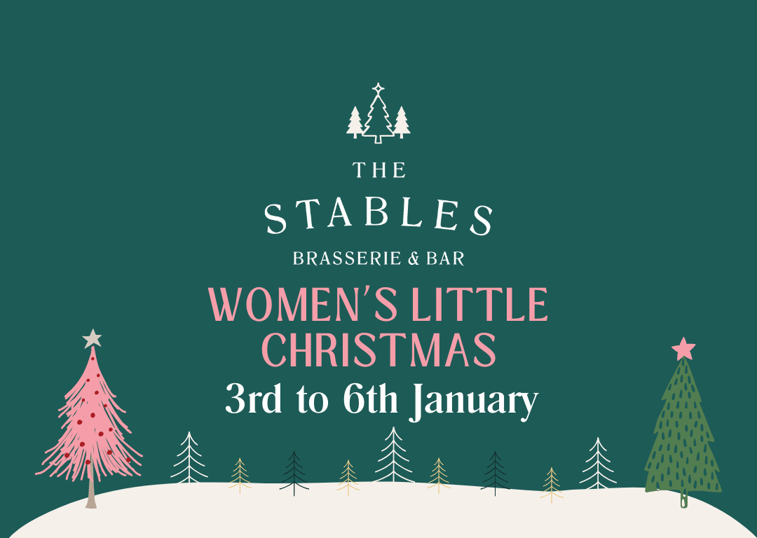 Dark green poster for The Stables Brasserie & Bar promoting 