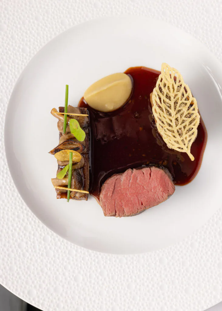 Elegant gourmet dish featuring tender beef, creamy puree, rich sauce, and delicate garnish at luxury hotel restaurant.