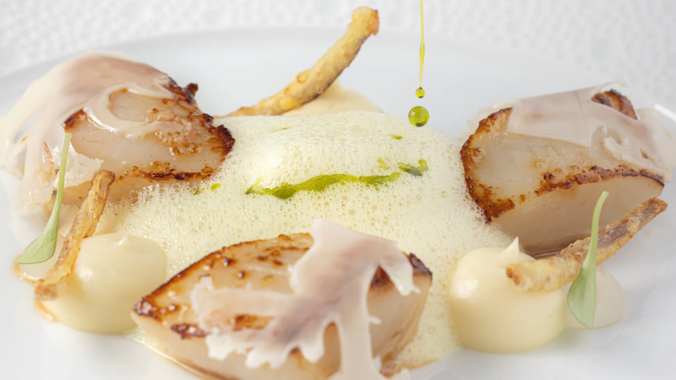 Luxurious scallops with foam and sauce, elegantly plated, showcasing gourmet dining at our hotel's fine restaurant.