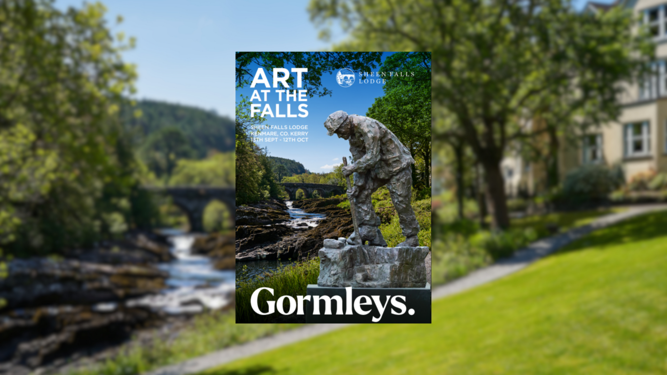 Art exhibition poster at Sheen Falls Lodge, featuring a stone sculpture by a scenic river and lush greenery.
