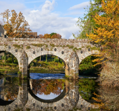 Experience tranquil charm at our hotel with a scenic stone bridge over a reflective river, surrounded by vibrant autumn trees.
