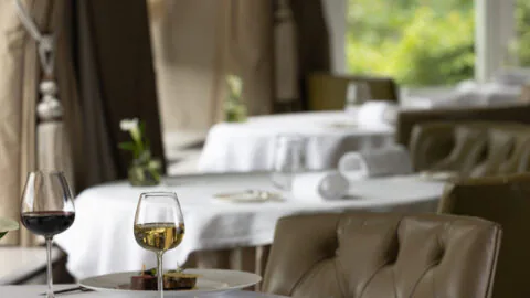 Elegant hotel dining room with wine, gourmet dishes, and garden view through large windows, offering a refined dining experience.