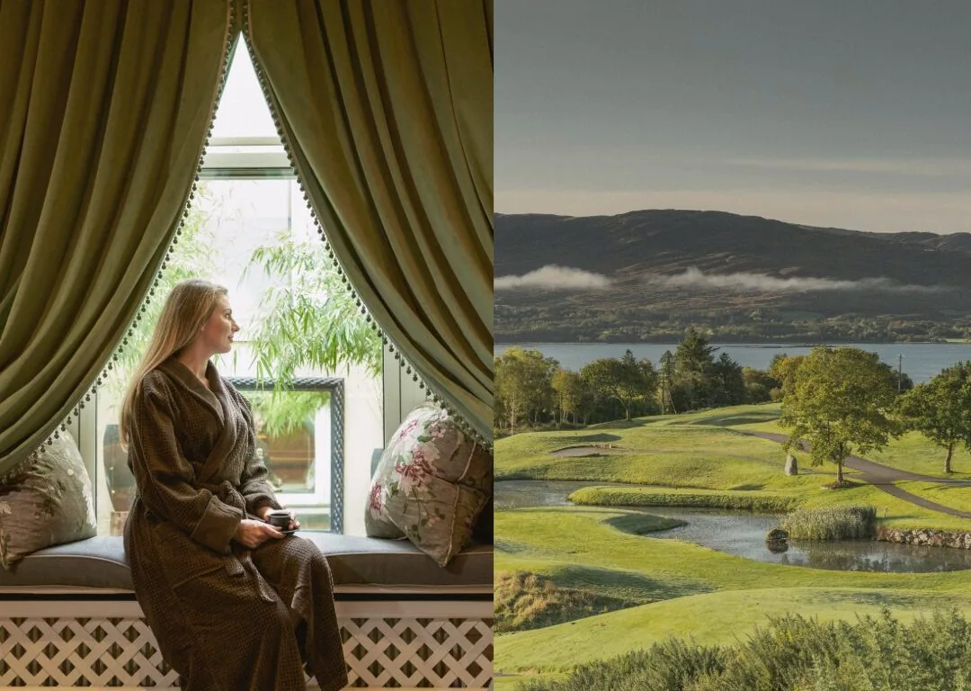Woman relaxes by elegant window in luxurious hotel room with lush garden and views of serene golf course and mountains.